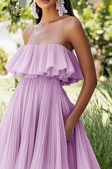 Lilac Strapless Chiffon Midi Formal Dress with Ruffles